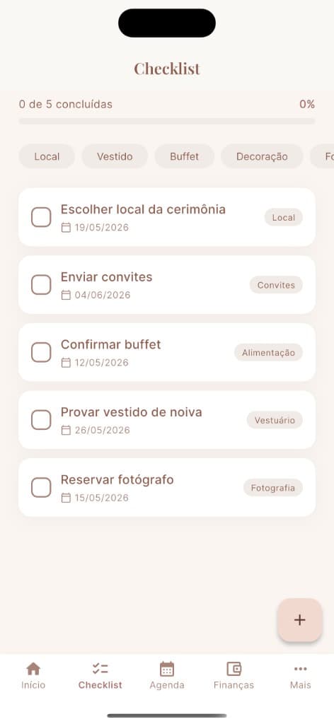 Tela do bridehub: Checklist Inteligente