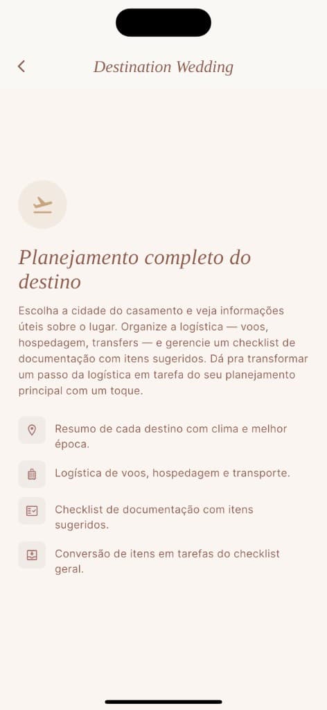 Tela do bridehub: Planejamento completo do destino