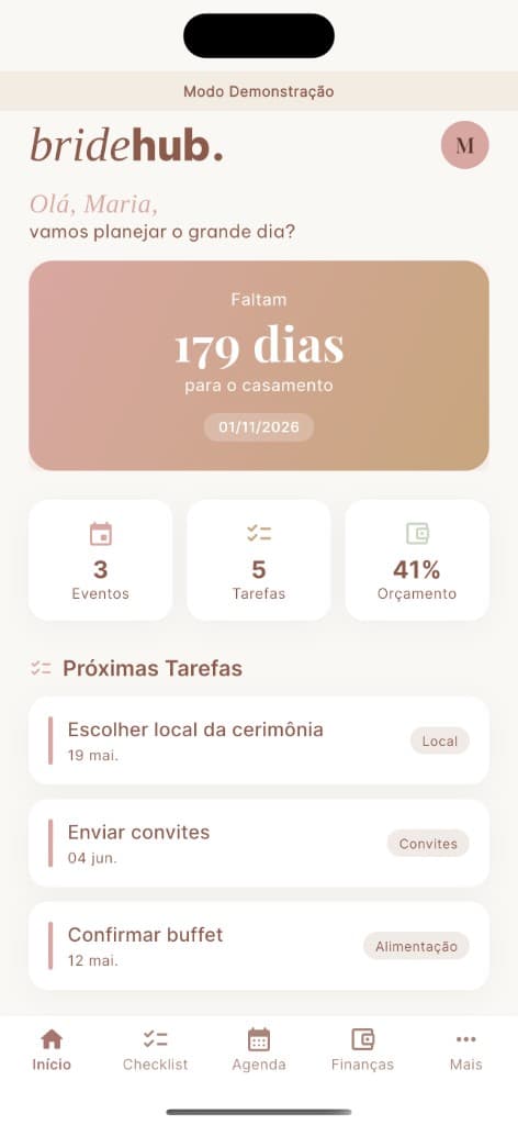 Tela do bridehub: Dashboard com Countdown
